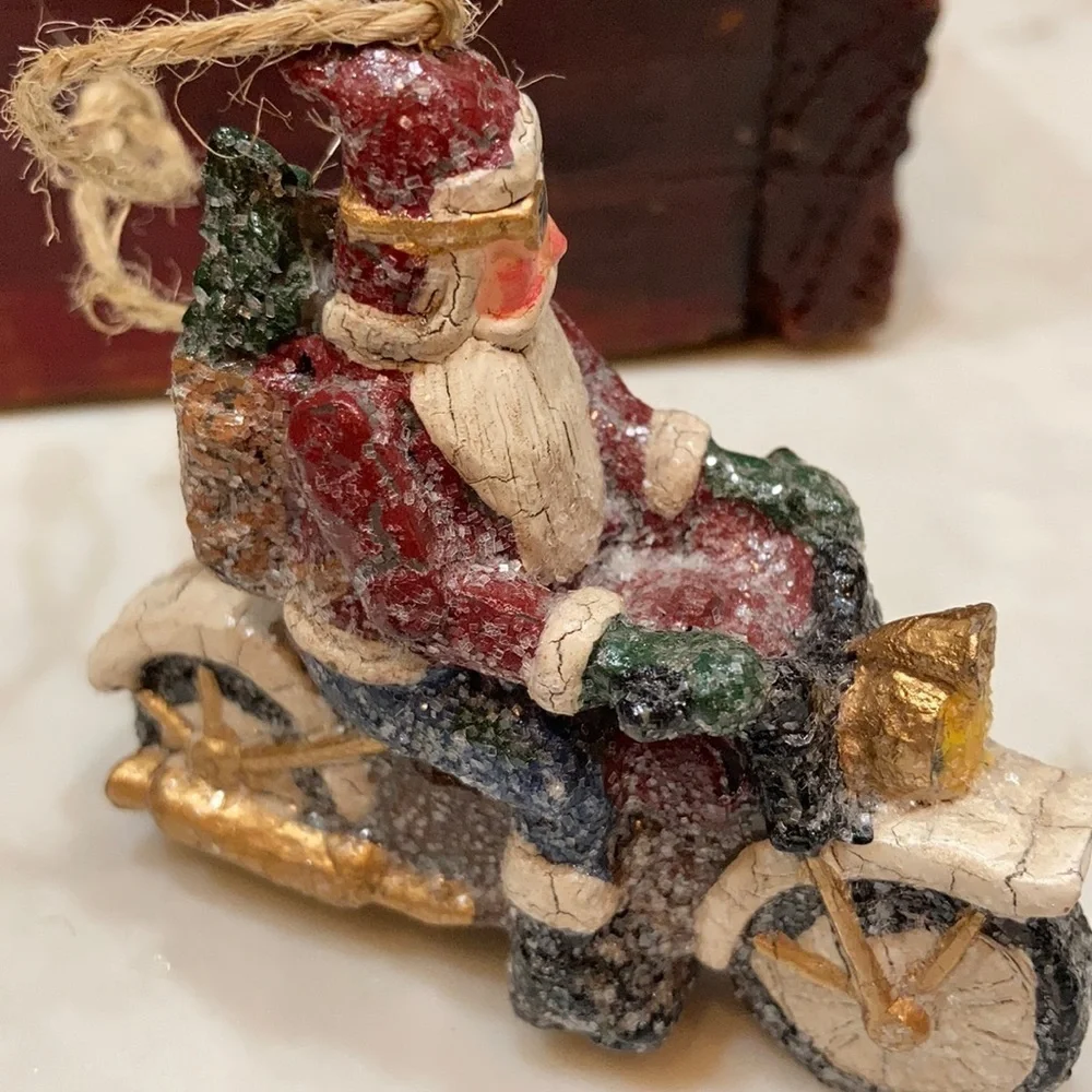 Sunglass Sparkly Santa on motorcycle ornament